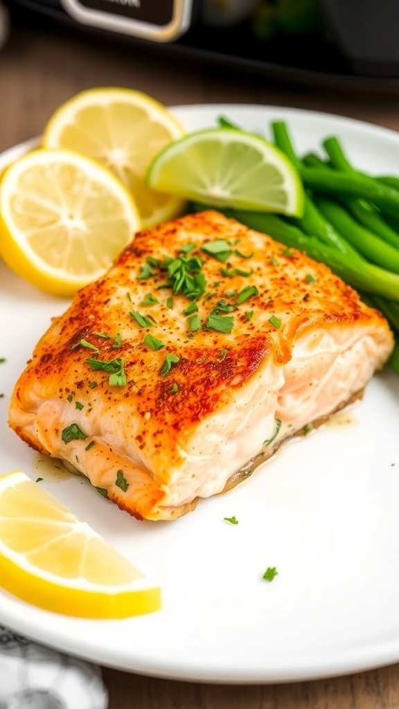 Crispy air fryer salmon fillet garnished with herbs and lemon on a plate with vegetables.